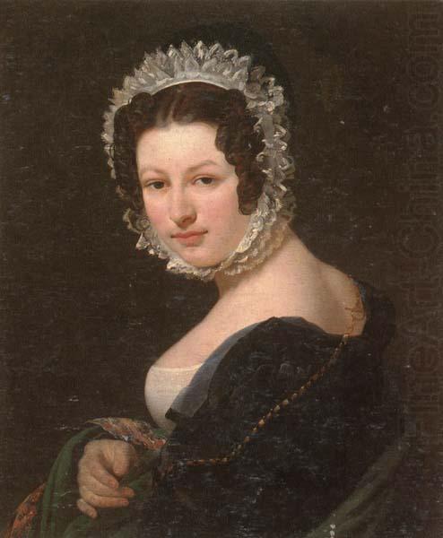 unknow artist Portrait of a young lady,half-length,wearing a black dress,with a green mantle,and a lace bonnet china oil painting image